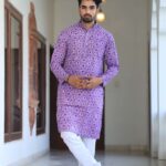 Mens Purple Printed Cotton Kurta with White Pajama – Traditional Festive & Casual Wear