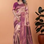 Beige & Plum Banarasi Silk Saree with Zari Weaving | Elegant Traditional Saree for Weddings, Festivals & Ethnic Occasions