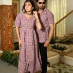 Couple Matching Mauve Cotton Anarkali Midi Dress and Shirt Set – Abstract Line Print