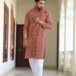 Mens Red Printed Cotton Kurta with White Pajama – Ethnic Wear for Weddings & Festivals