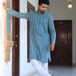 Mens Multicolor Zig-Zag Printed Cotton Kurta with White Pajama – Traditional Festive & Casual Wear