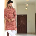 Mens Red Printed Cotton Kurta with White Pajama – Traditional Ethnic Wear for Festive & Wedding