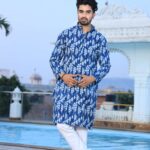 Mens Blue Printed Cotton Kurta with White Pajama – Elegant Traditional & Ethnic Wear