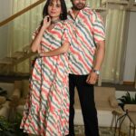 Couple Matching Cream Cotton Anarkali Midi Dress and Shirt Set – Wavy Red & Blue Stripes
