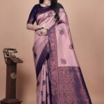 Mauve & Midnight Blue Banarasi Silk Saree with Copper Zari Lotus Motifs | Festive & Wedding Wear | Elegant Traditional Saree