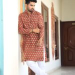 Mens Red Floral Printed Cotton Kurta with White Pajama – Traditional Ethnic Wear for Festive & Wedding