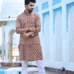 Mens Beige Printed Cotton Kurta with White Pajama – Traditional Ethnic Wear for Festive & Wedding