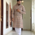 Mens Beige Multicolor Printed Cotton Kurta with White Pajama – Traditional Ethnic Wear for Festive & Wedding