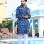 Mens Blue Printed Cotton Kurta with White Pajama – Elegant Traditional & Ethnic Wear