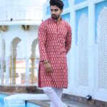 Mens Red Printed Cotton Kurta with White Pajama – Traditional Ethnic Wear for Festive & Wedding