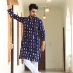 Mens Navy Blue Printed Cotton Kurta with White Pajama – Traditional Ethnic Wear for Festive & Wedding