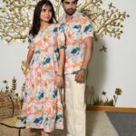 Couple Matching Abstract Print Cotton Anarkali Midi Dress & Shirt Set – Multicolor Summer Outfit