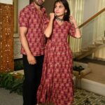 Couple Matching Red Cotton Anarkali Midi Dress and Shirt Set – Floral Block Print
