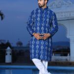 Mens Blue Handblock Printed Cotton Kurta with White Pajama – Stylish Ethnic & Festive Wear