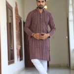 Mens Striped Cotton Kurta in Red & Blue with White Pajama – Casual & Festive Ethnic Wear