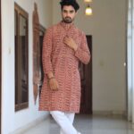 Mens Red Printed Cotton Kurta with White Pajama – Stylish Traditional & Festive Wear